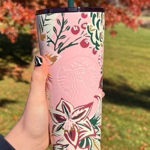 Pink Glitter Winter Deer Poinsettia Venti Stainless Starbucks Cup
